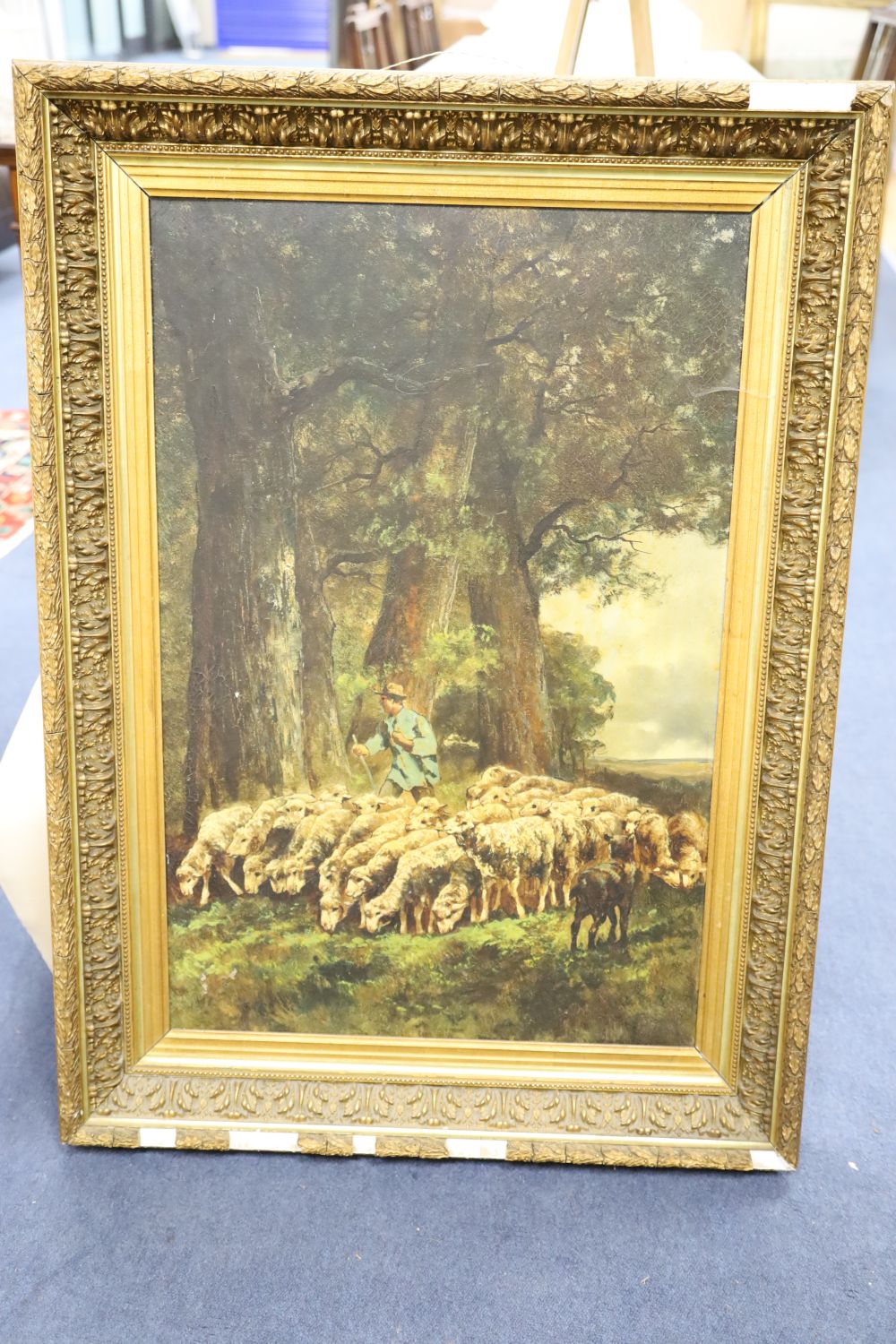 French School c.1900, oil on canvas, Shepherd and flock beneath trees, 79 x 52cm